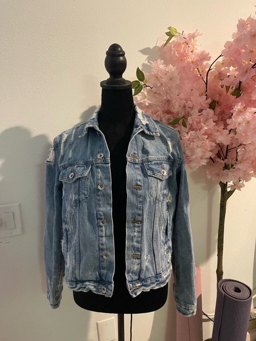 Zara Washed Blue Distressed Denim Jacket